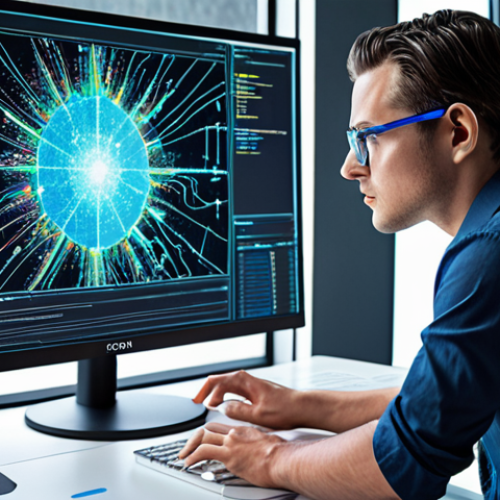 Home 4 **Image of a Data Lake being analyzed by a Data Scientist using Machine Learning tools:** This image should depict a vast, shimmering data lake with streams of data flowing into it. In the foreground, a data scientist is intensely focused, using a computer interface displaying complex machine learning algorithms and visualizations. The overall feel should be futuristic and emphasize the power of data-driven insights. The style should be modern and sleek, with bright colors highlighting the data streams and the data scientist's workspace.