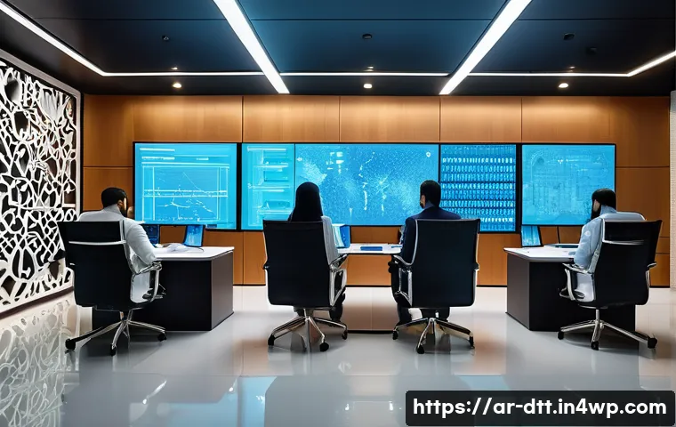 데이터 레이크 아키텍처의 성공적인 사례 - A modern Middle Eastern corporate office environment showing a diverse team of professionals analyzi...